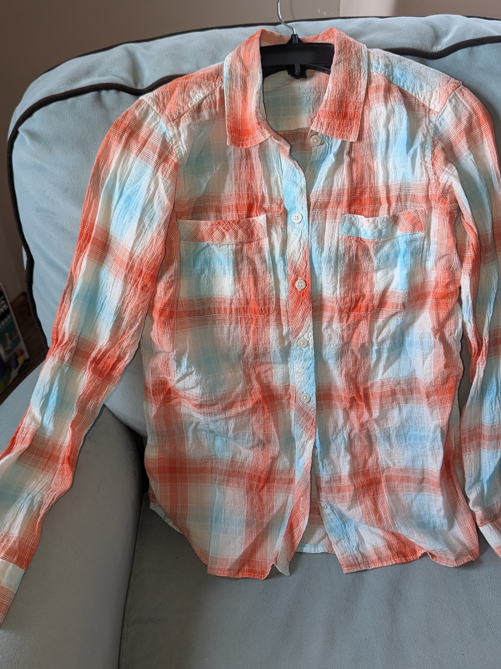 Eddie Bauer Coral & Light Blue Plaid Button-Down Shirt